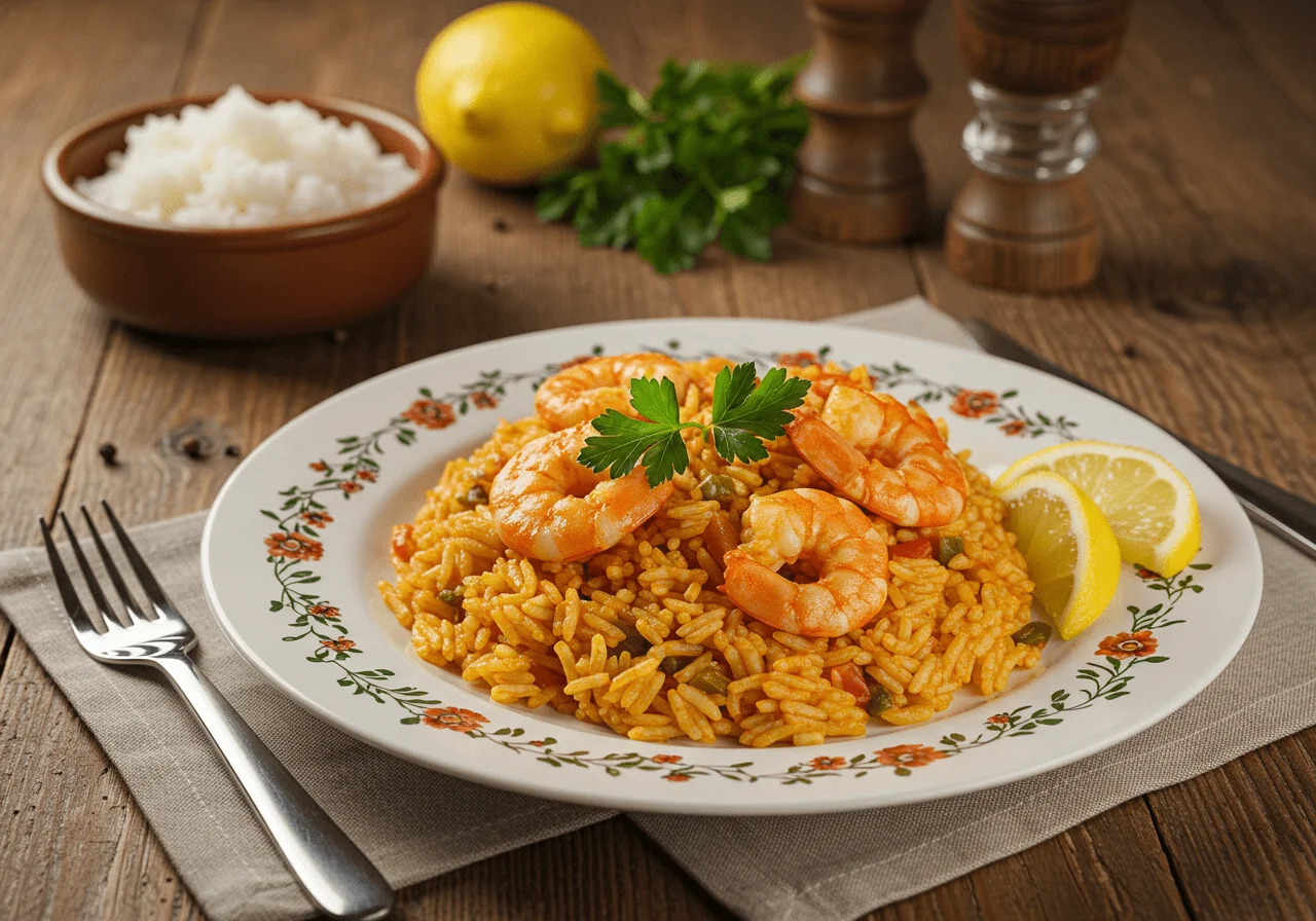 Delicious arroz con gambas dish ready to serve, showcasing flavorful shrimp and rice.