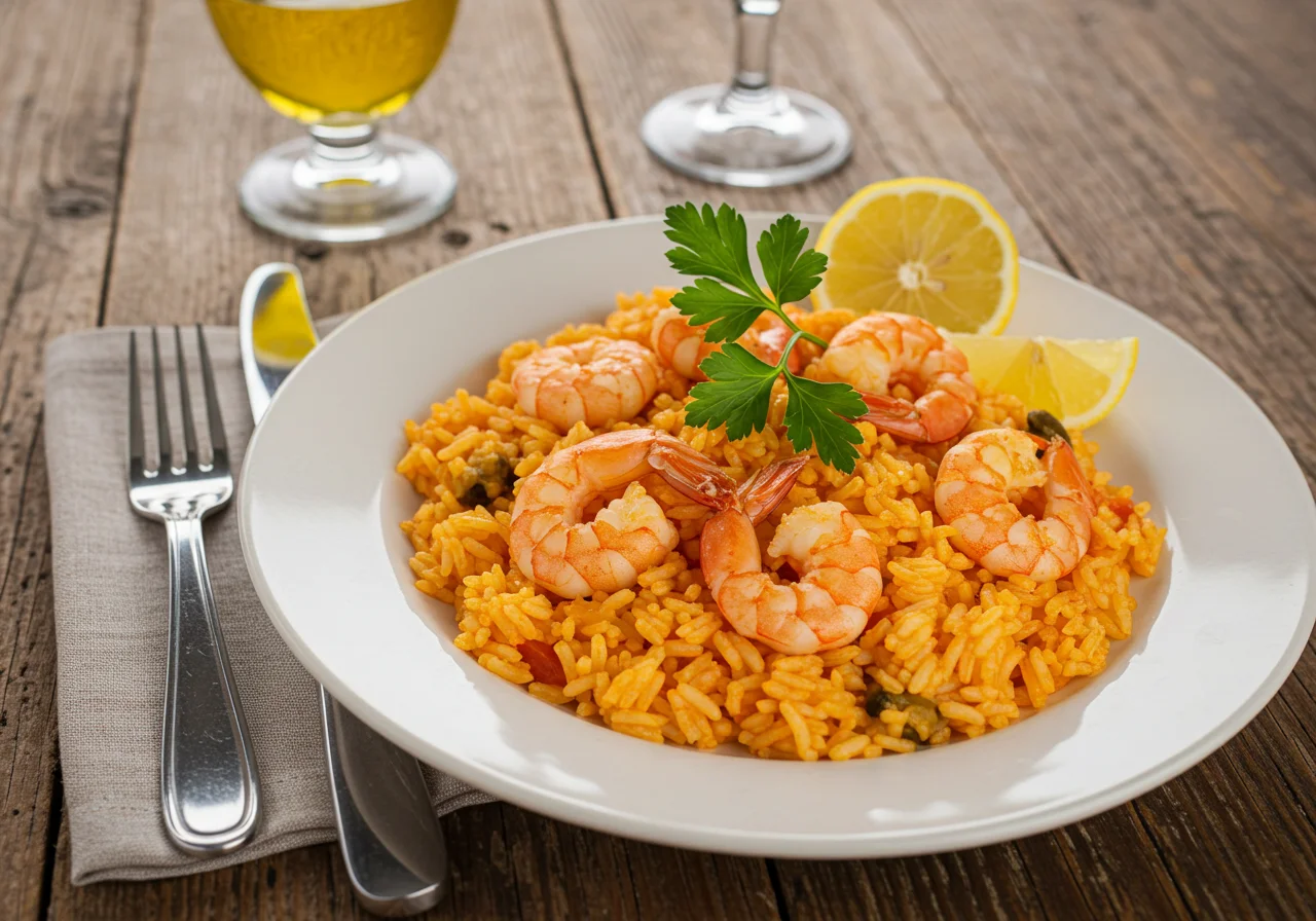 Delicious arroz con gambas dish ready to serve, showcasing flavorful shrimp and rice.