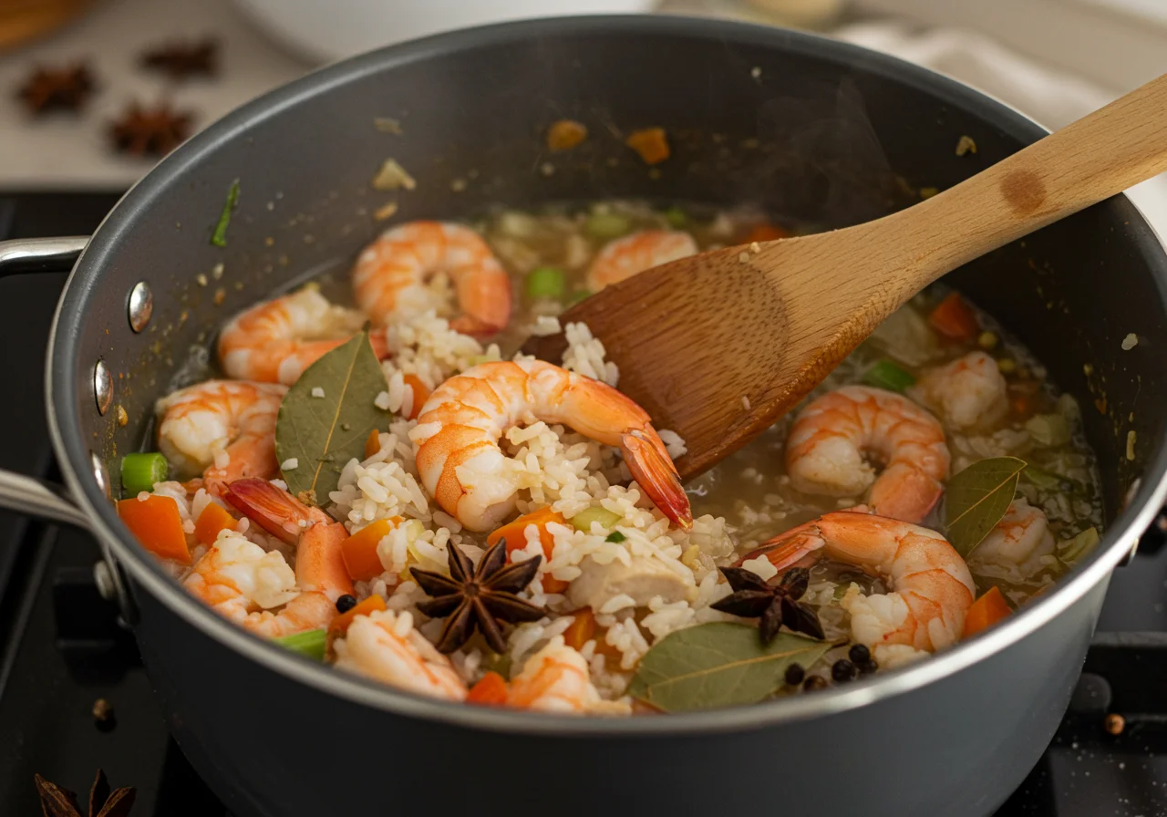 Stirring the arroz con gambas mixture in a pot, creating a flavorful blend of ingredients.