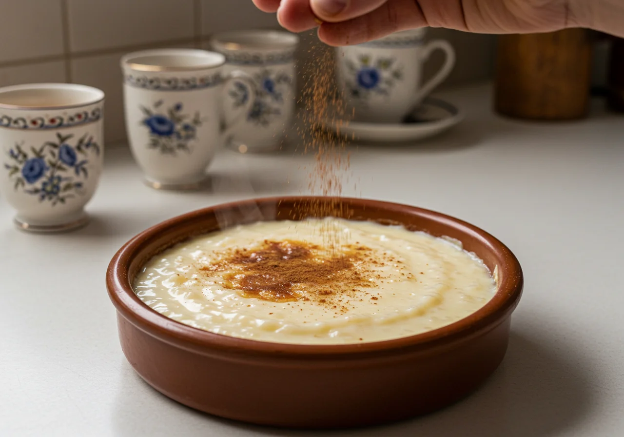 Garnishing Arroz con Leche Asturiano with cinnamon before serving.