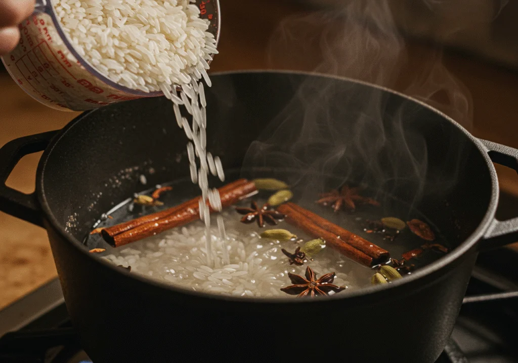 Jasmine rice being measured and added to a pot for Arroz Jazmin Aromatico.