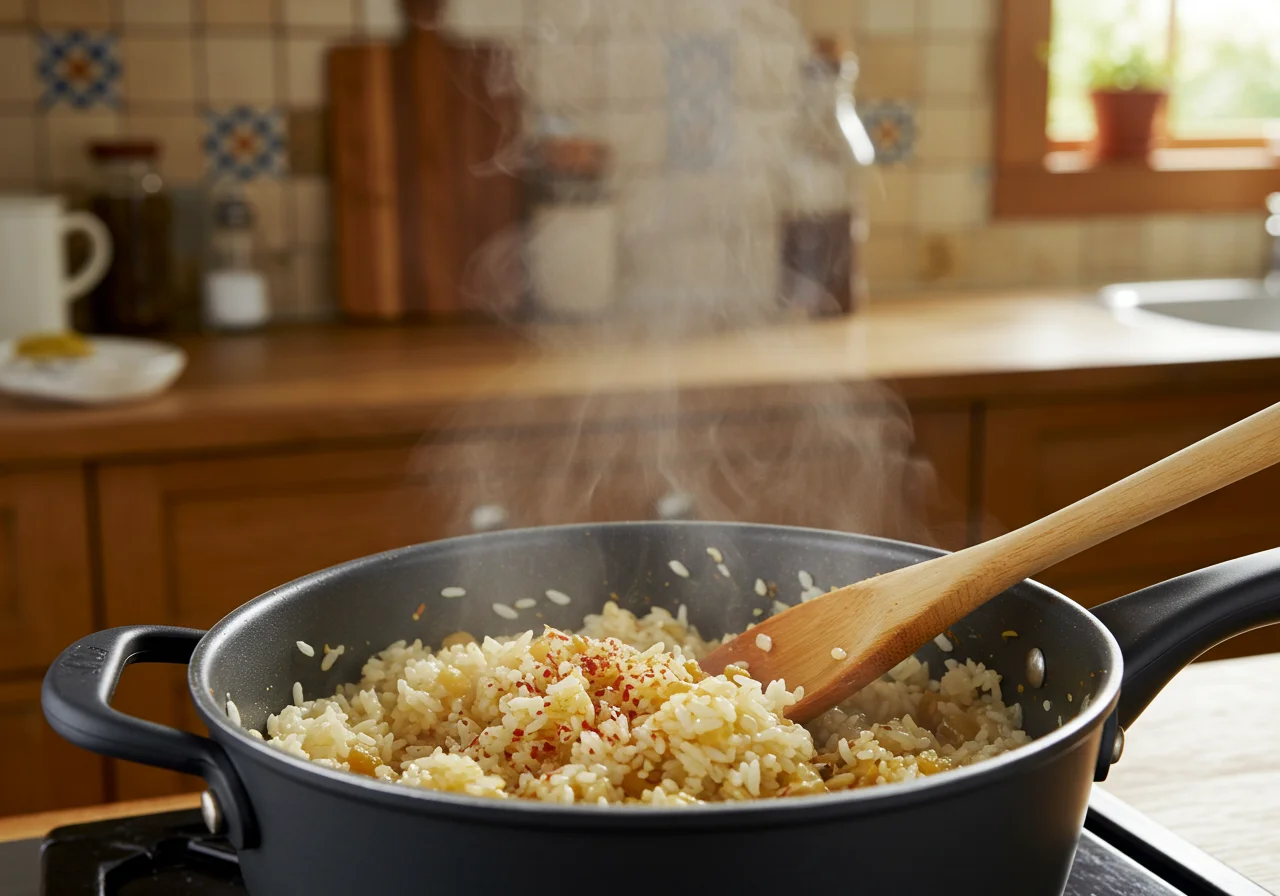 Stirring jasmine rice and spices while cooking Arroz Jazmin Aromatico.