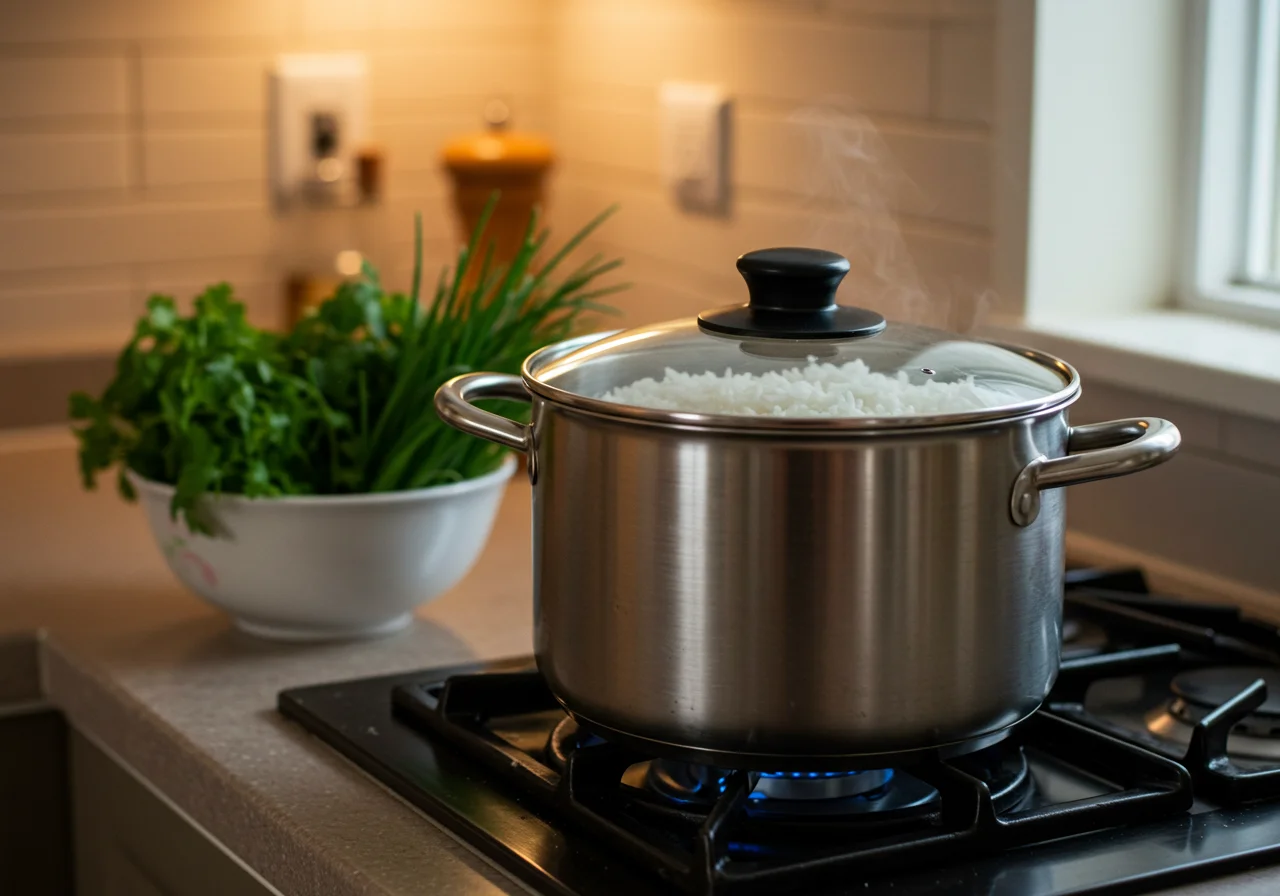 Pot of jasmine rice cooking for Arroz Jazmin Aromatico on the stovetop.
