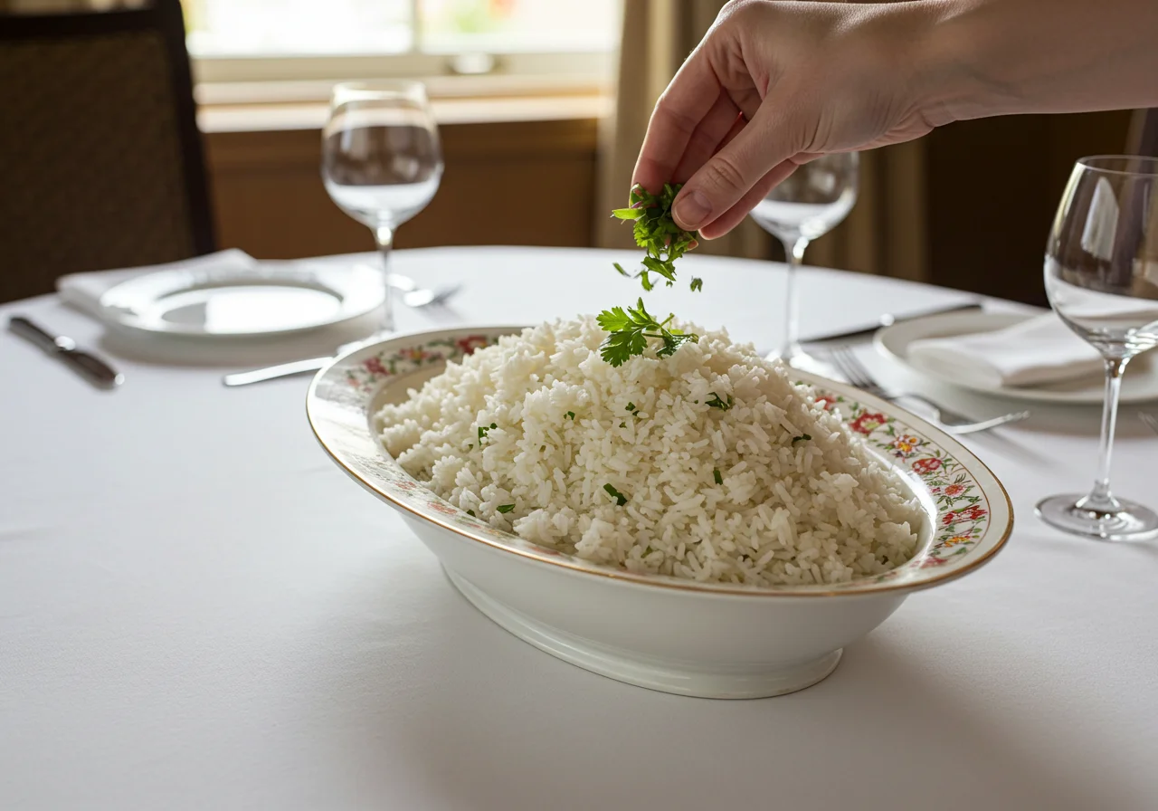 Garnished jasmine rice in a serving dish for Arroz Jazmin Aromatico.