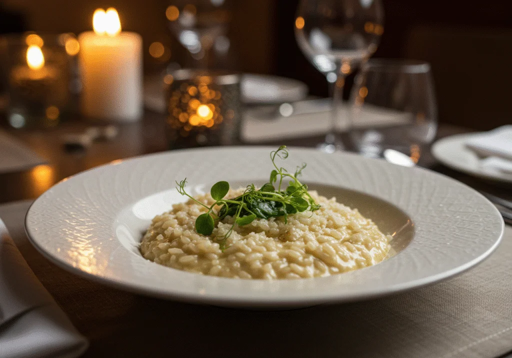 Risotto Cremoso servido en un plato elegante, mostrando la mezcla perfecta de arroz para risotto.