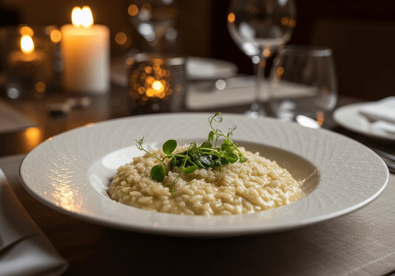 Risotto Cremoso servido en un plato elegante, mostrando la mezcla perfecta de arroz para risotto.