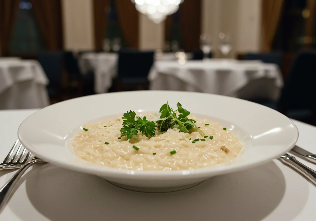 Risotto Cremoso servido en un plato elegante, mostrando la mezcla perfecta de arroz para risotto.