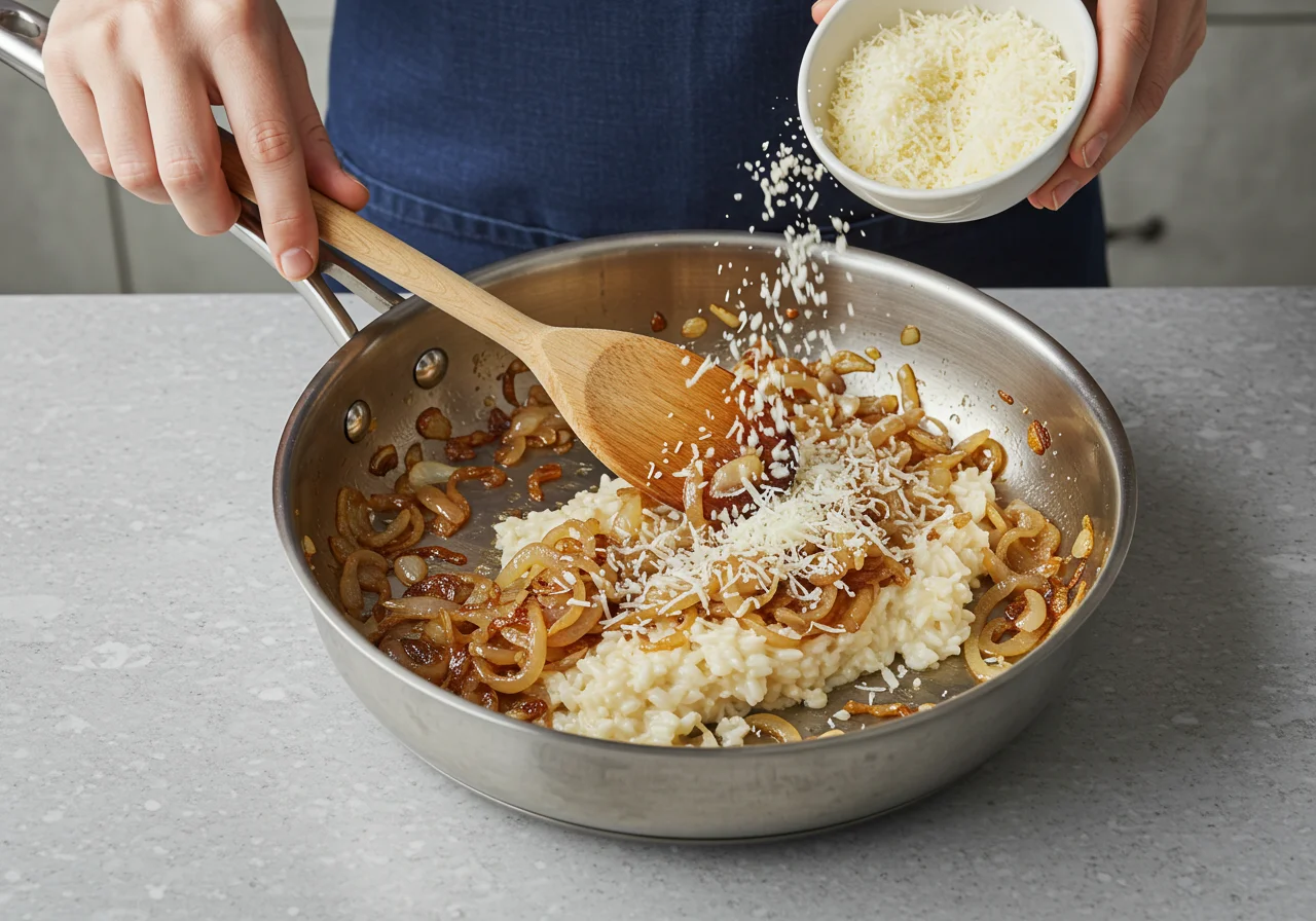 Arroz para risotto y cebollas mezclándose con queso parmesano en la sartén para Risotto Cremoso.