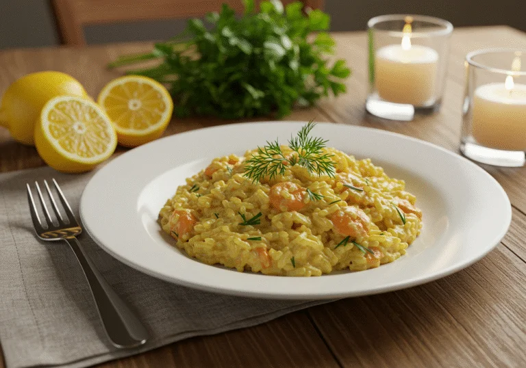 Delicious creamy arroz redondo meloso served with lemon, ideal for a home-cooked meal.