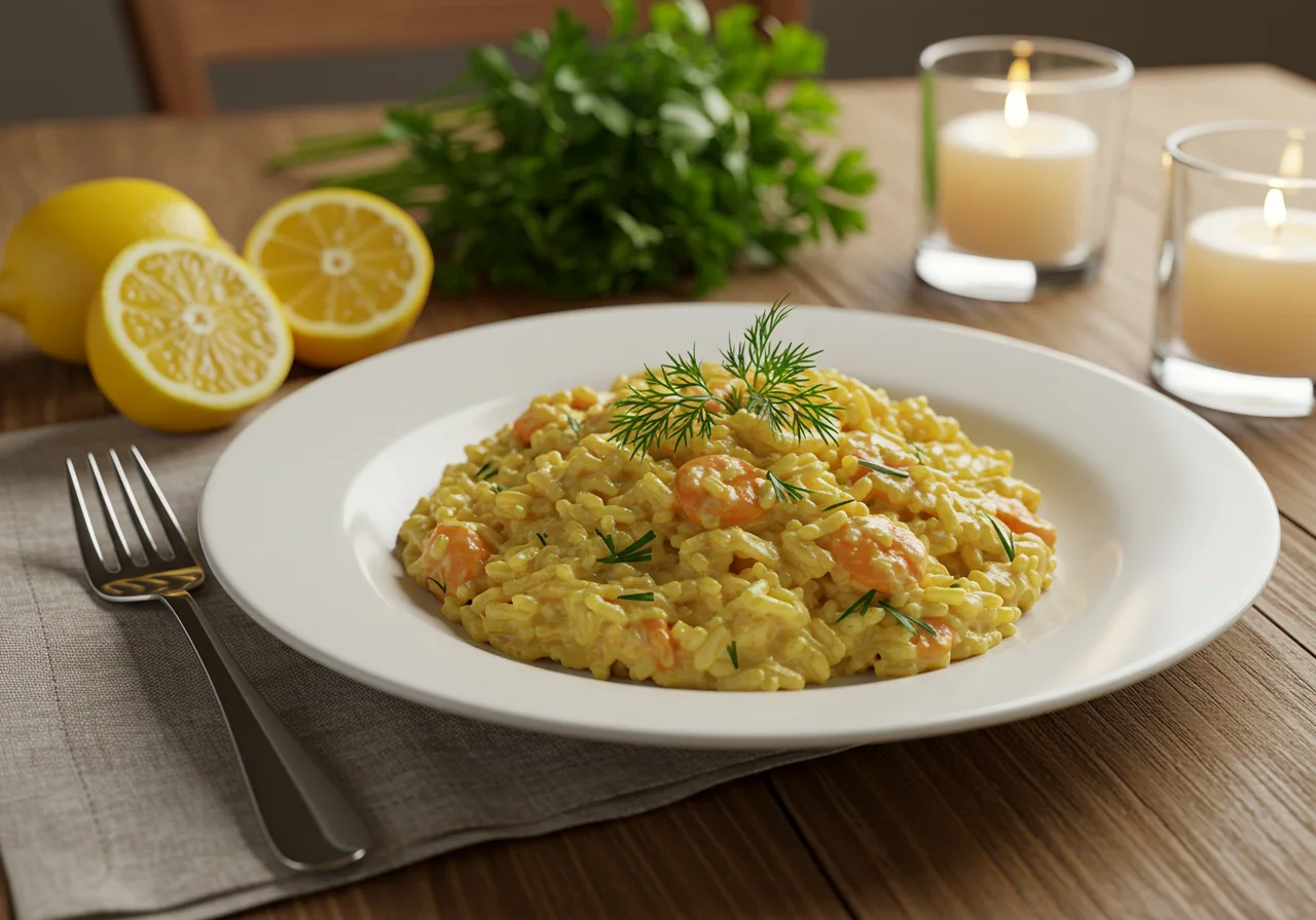 Delicious creamy arroz redondo meloso served with lemon, ideal for a home-cooked meal.