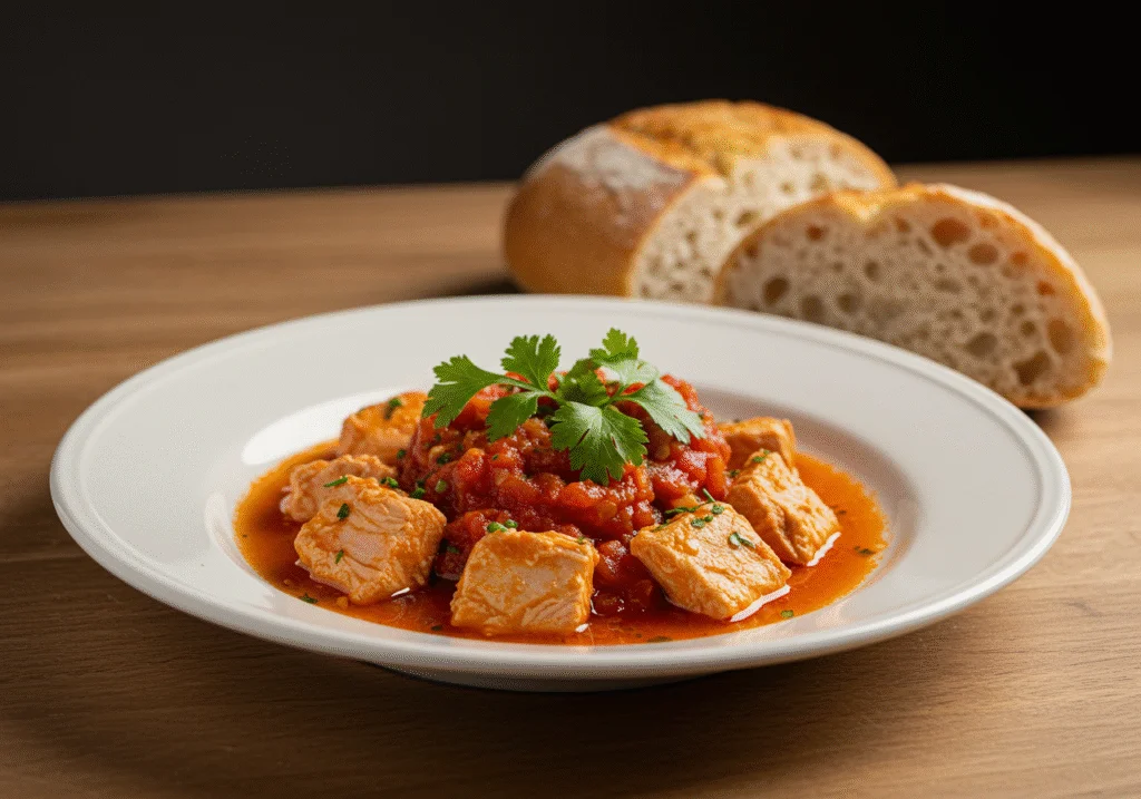 Finished atun con tomate dish garnished with herbs, perfect for a delightful meal.