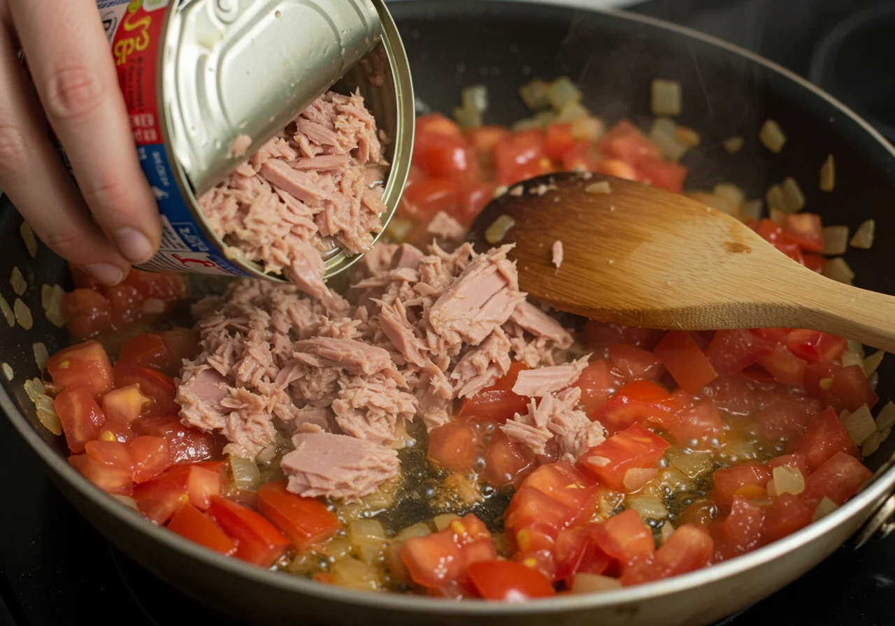 Canned tuna being added to the tomato and onion mixture for atun con tomate.