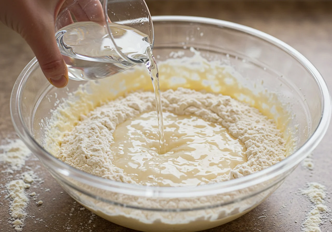 Agua tibia vertida en ingredientes secos para hacer barra de pan casera.