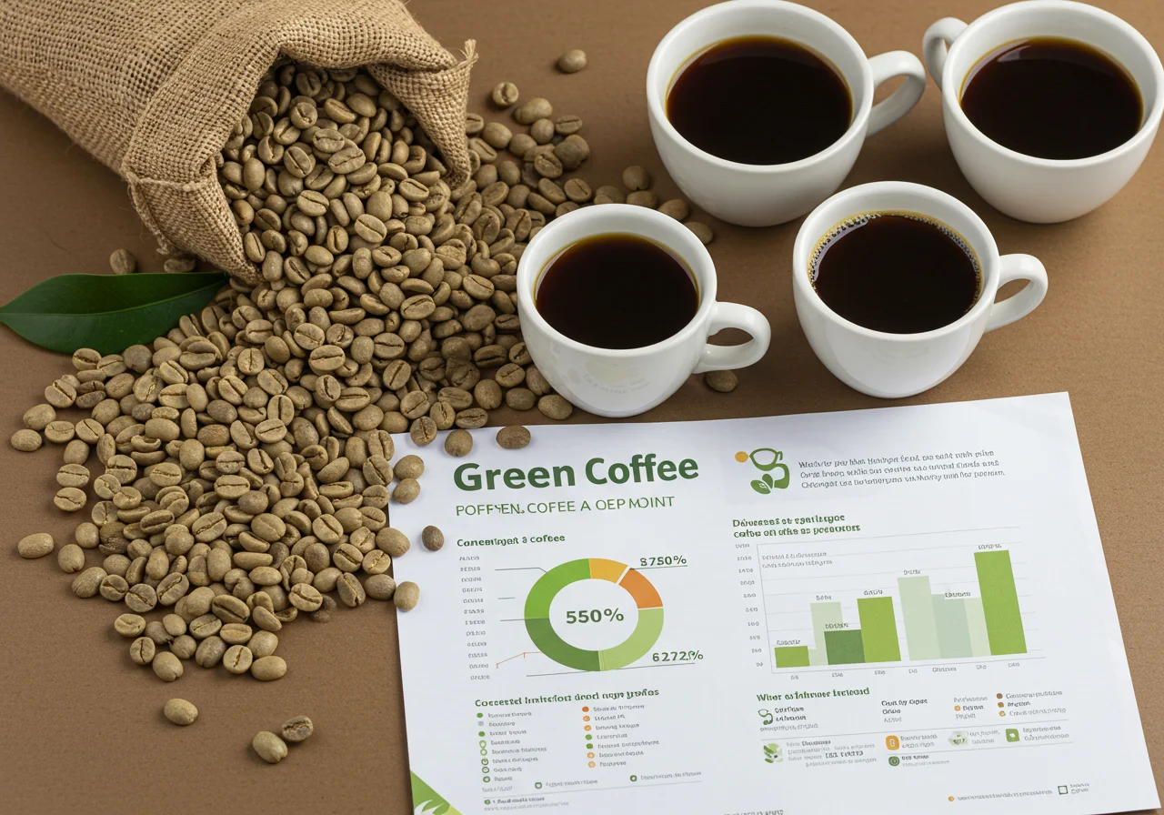 Ingredientes y beneficios del café verde expuestos para resaltar su valor nutricional.