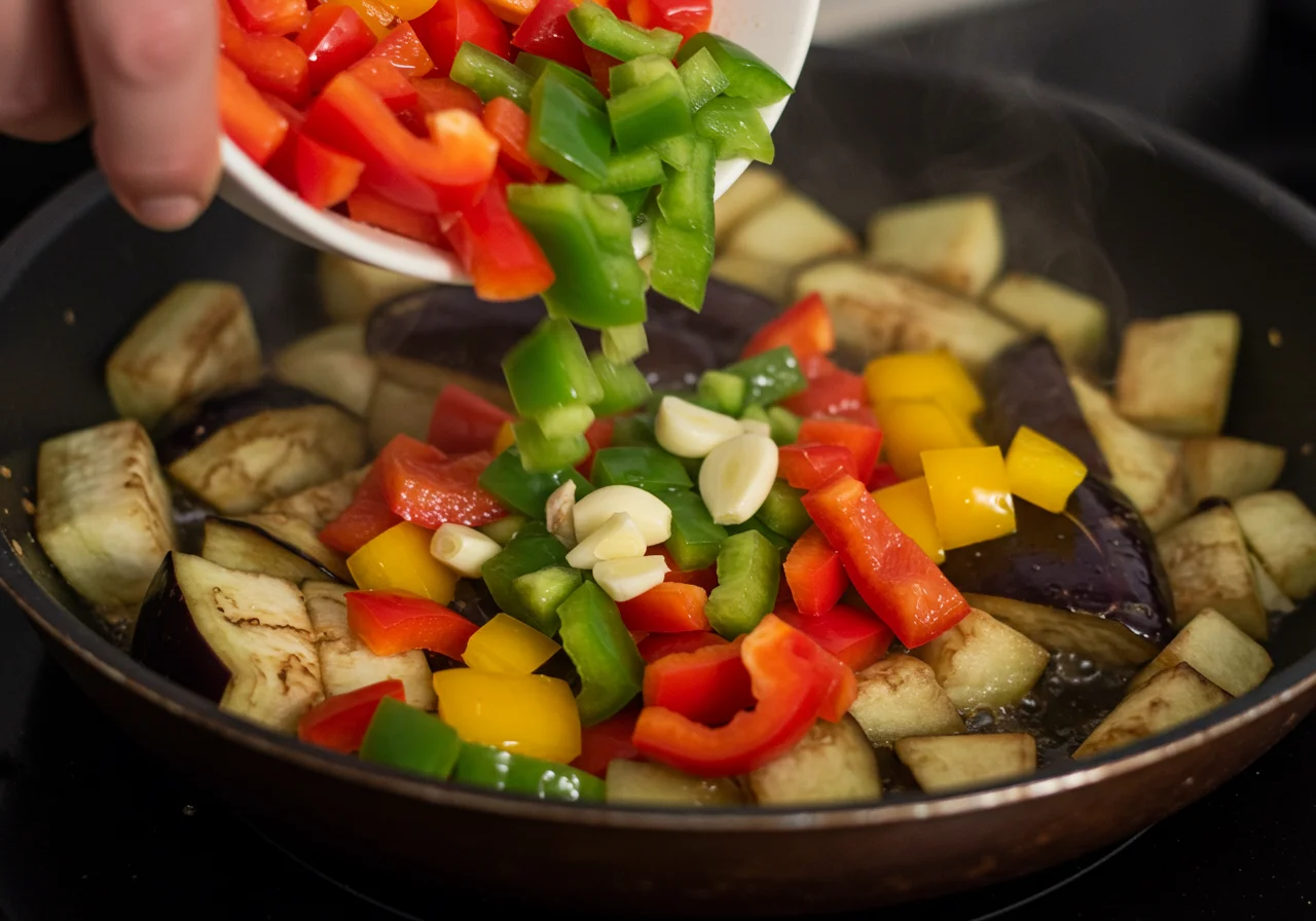 Bell peppers and garlic mixed with berenjena china in a skillet for stir-fried dish.