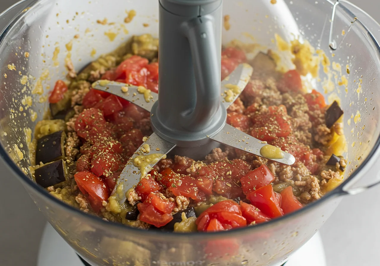 Thermomix blending eggplant filling for berenjenas rellenas thermomix recipe.