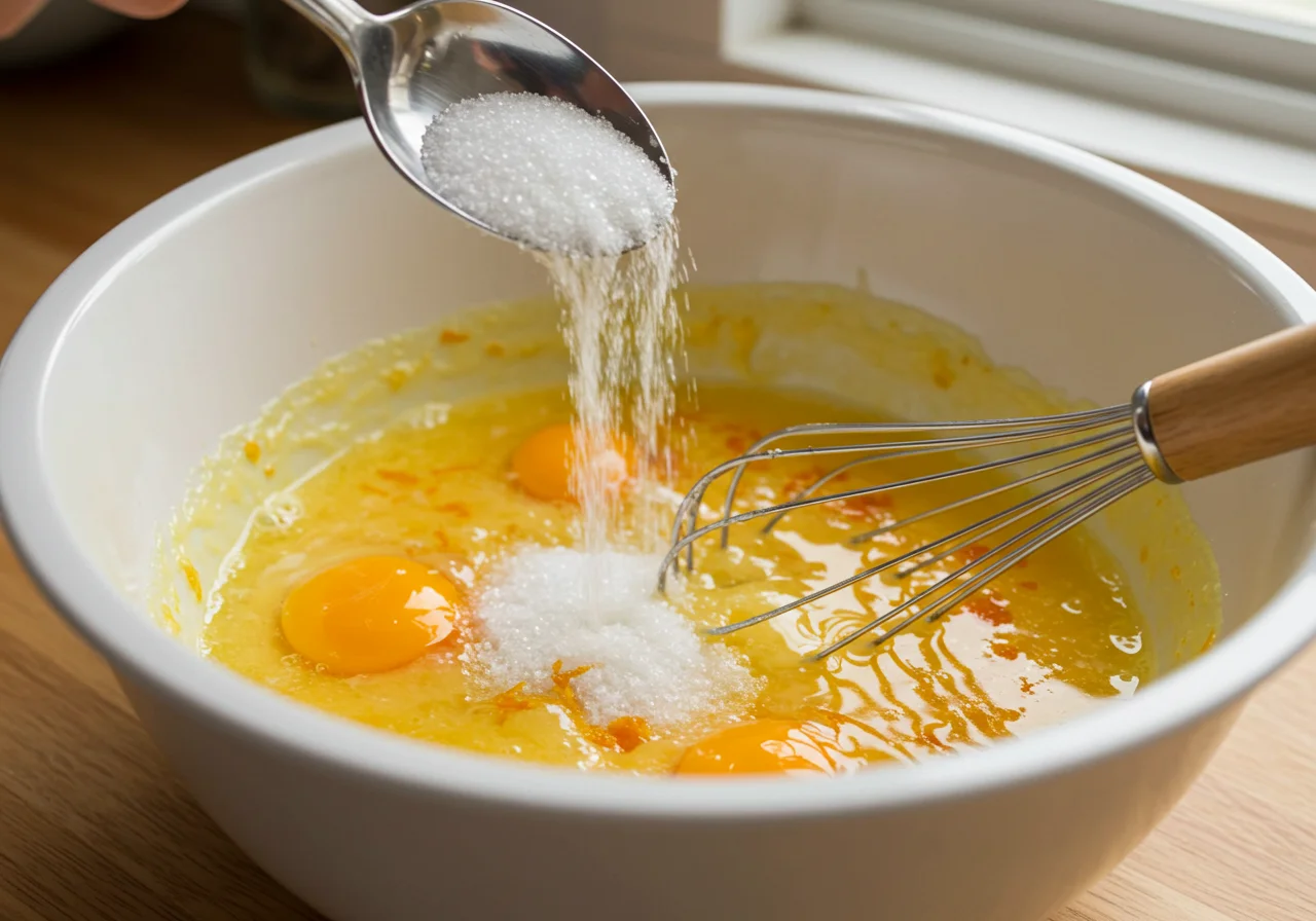 Azúcar añadida a una mezcla de huevos y ralladura de naranja para bizcocho de naranja y almendra.