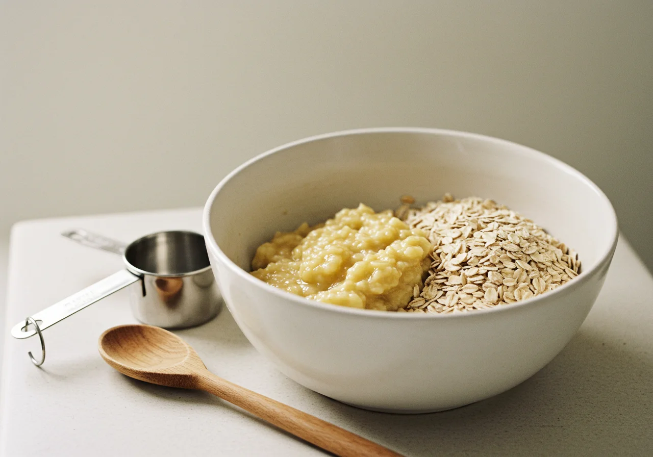 Tazón con plátanos machacados y avena lista para el bizcocho de platano y avena.
