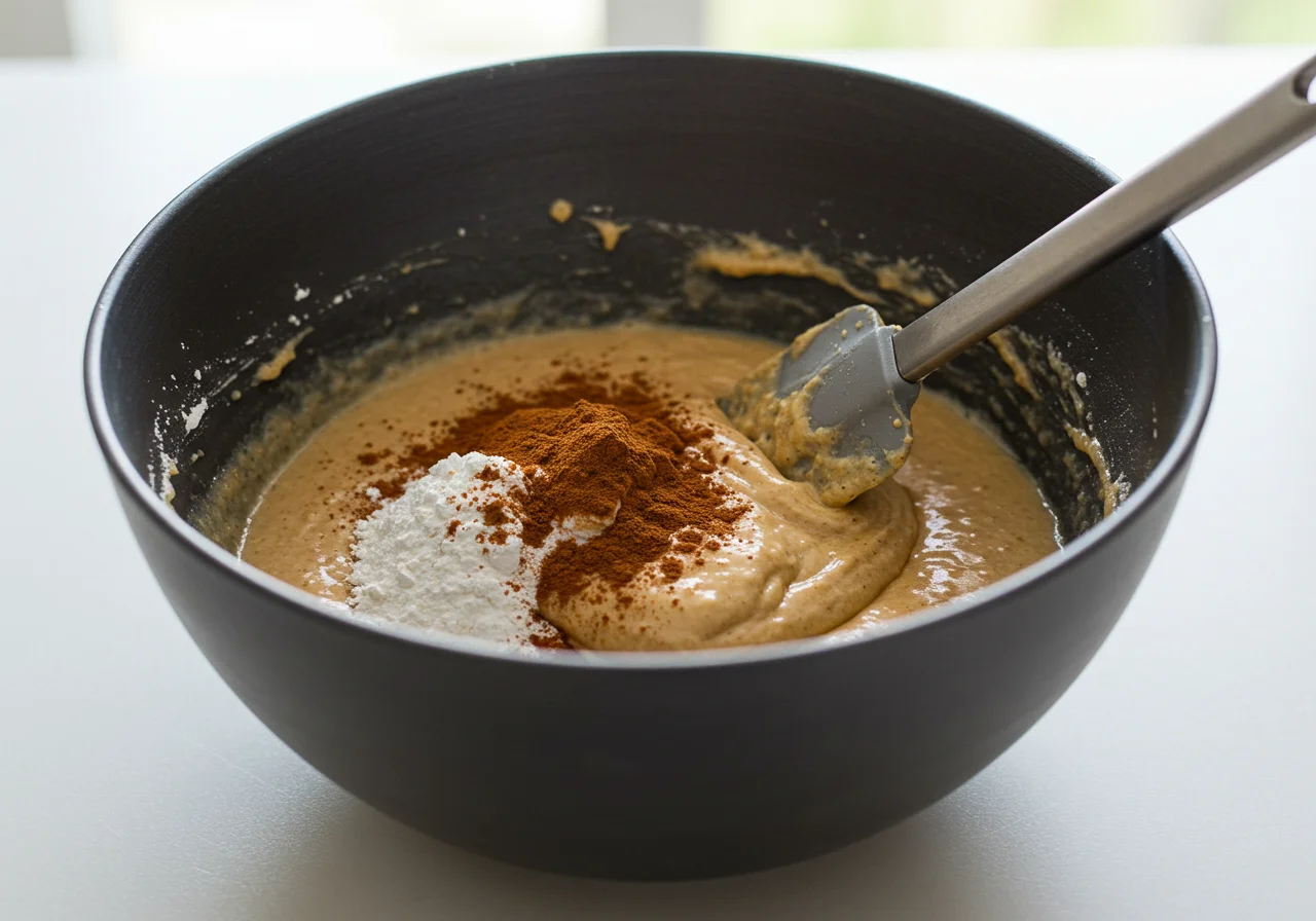 Ingredientes secos añadidos a la mezcla húmeda para el bizcocho de platano y avena.
