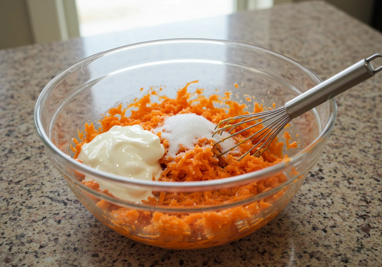 Ingredientes del bizcocho de zanahoria y yogur en un bol para la mezcla inicial.