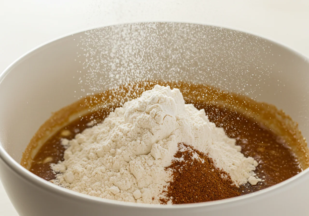 Tamizando los ingredientes secos para el bizcocho de zanahoria y yogur en el bol de mezcla.