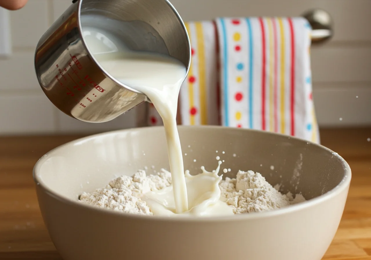 Almond milk being added to the dry mixture for making fluffy bizcocho sin huevos.