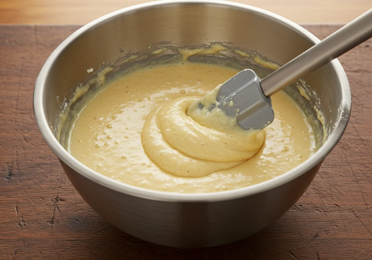 Batter for bizcocho sin huevos being mixed to a smooth consistency before baking.