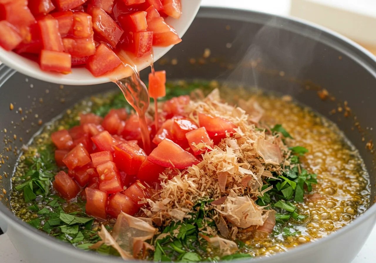Chopped tomatoes added to the bonito fish for making bonito con tomate receta de la abuela.