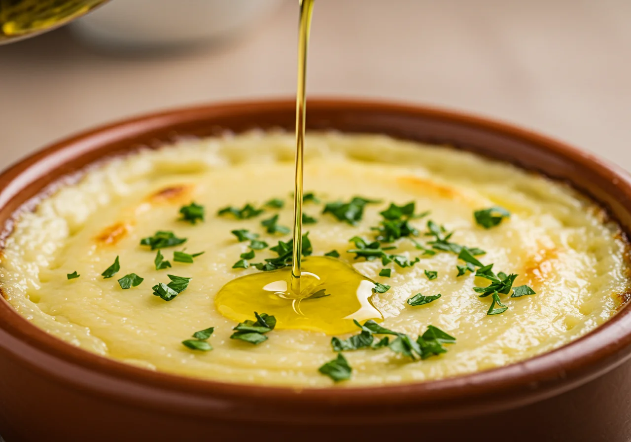 Placing prepared brandada de bacalao thermomix in a serving dish ready to eat.