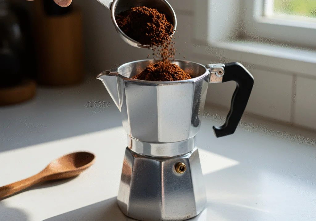 Finely ground dark roast coffee prepared for Cafe Cubano in a Moka pot.