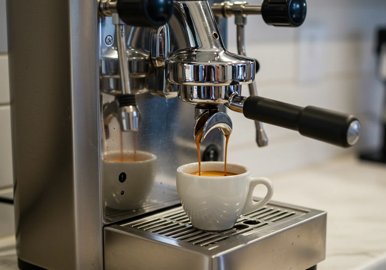 Espresso machine prepared for making cafe de maquina with ground coffee.