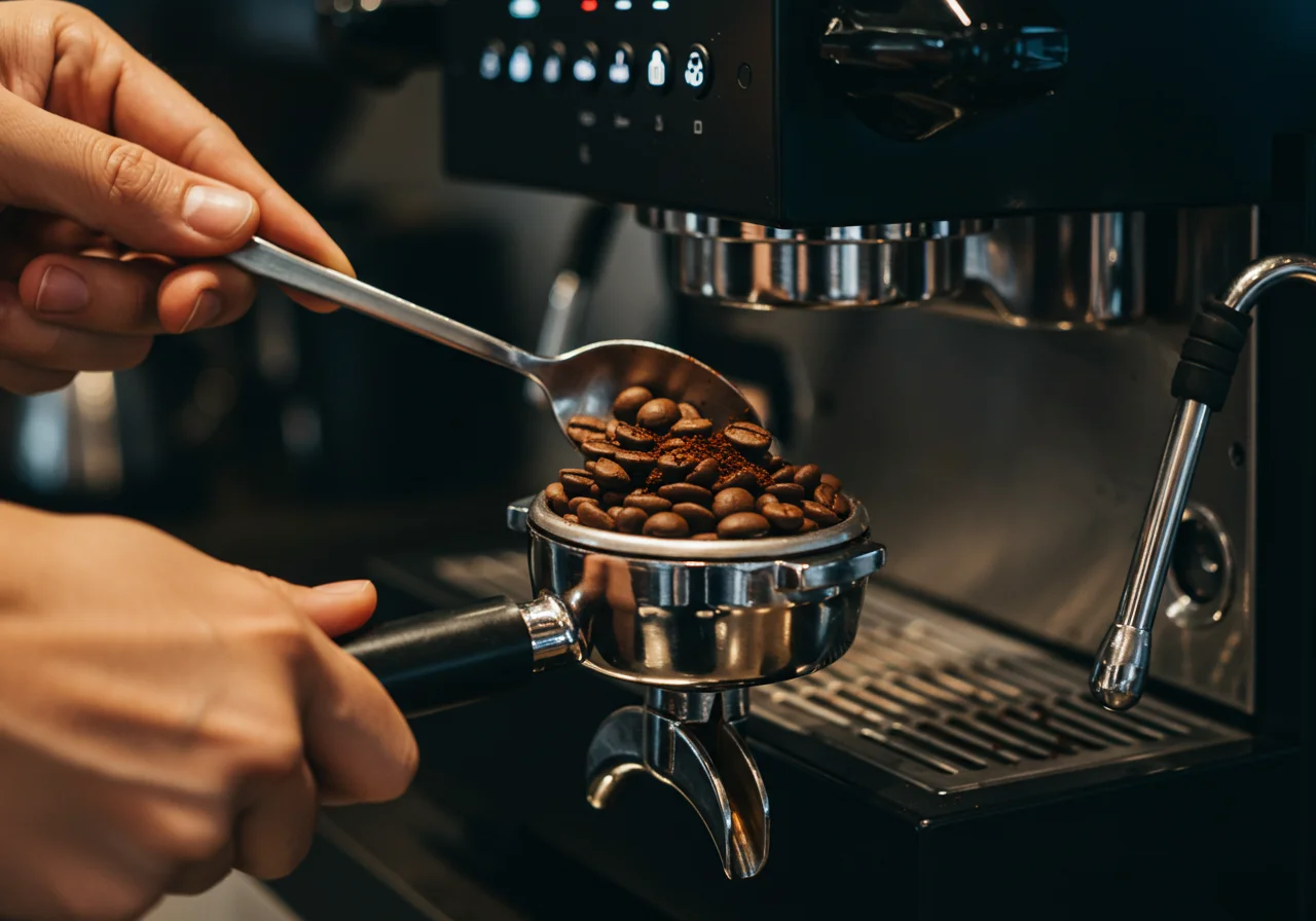 Freshly ground coffee beans in a portafilter for making cafe flat white.