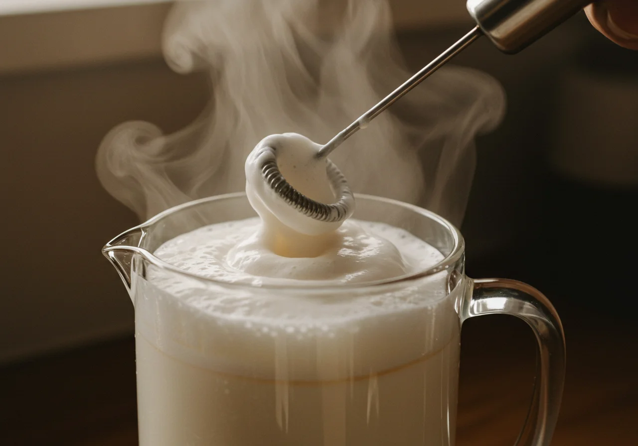 Steaming and frothing milk for creating the perfect texture in cafe flat white.