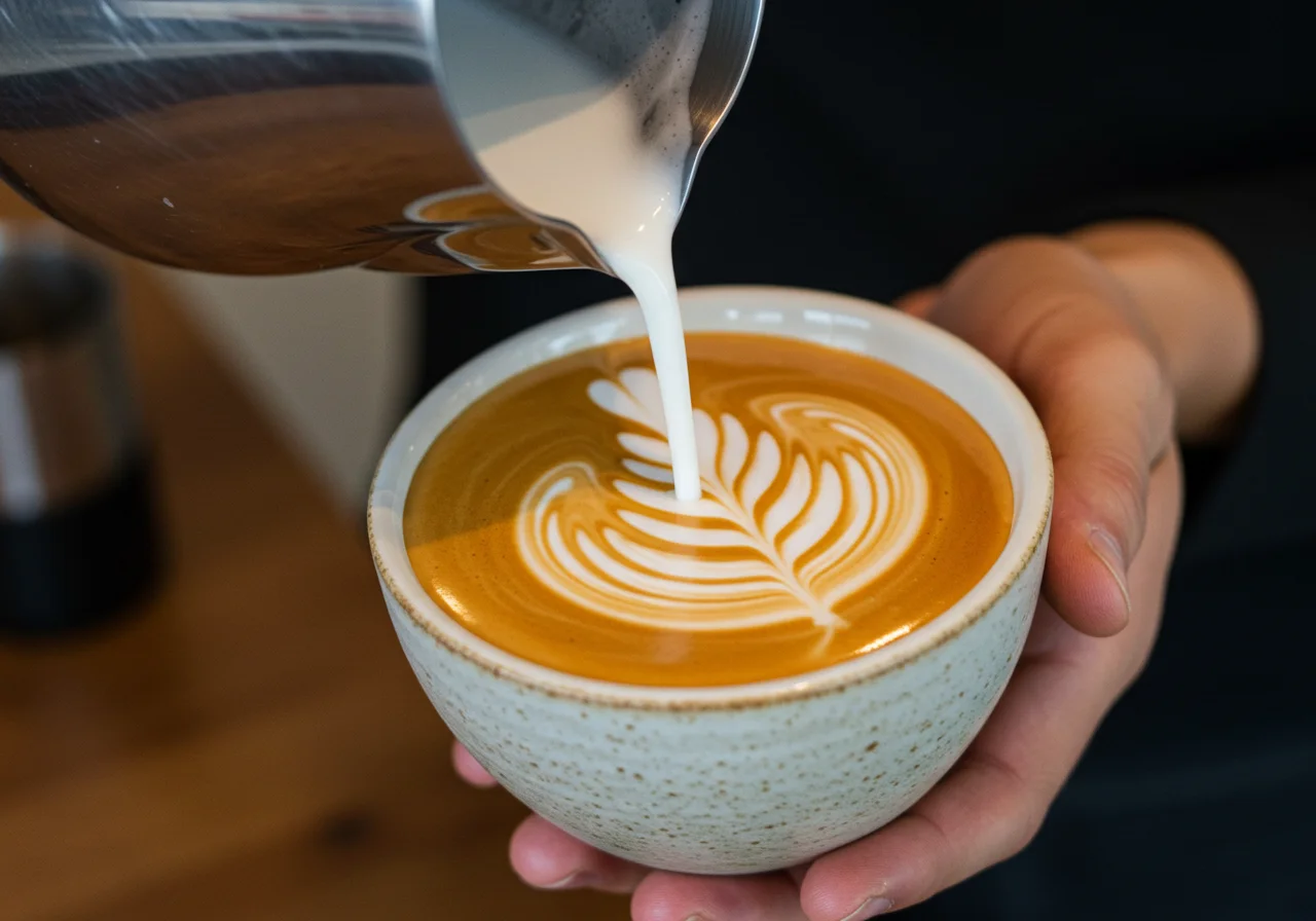 Pouring cafe flat white with latte art into a ceramic cup, ready to enjoy.