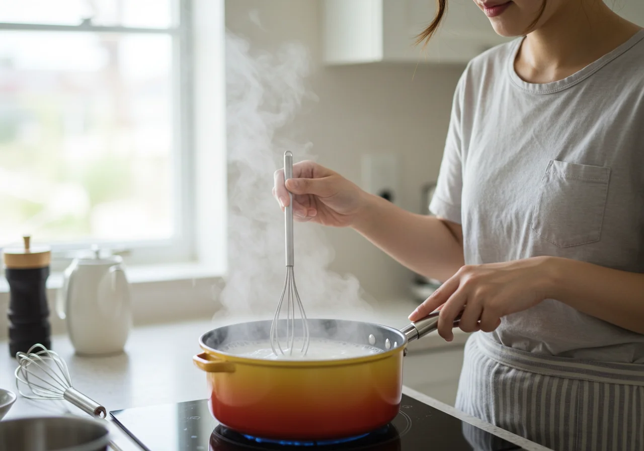 Heating skim milk for Calorias Cafe con Leche Desnatado in a saucepan.