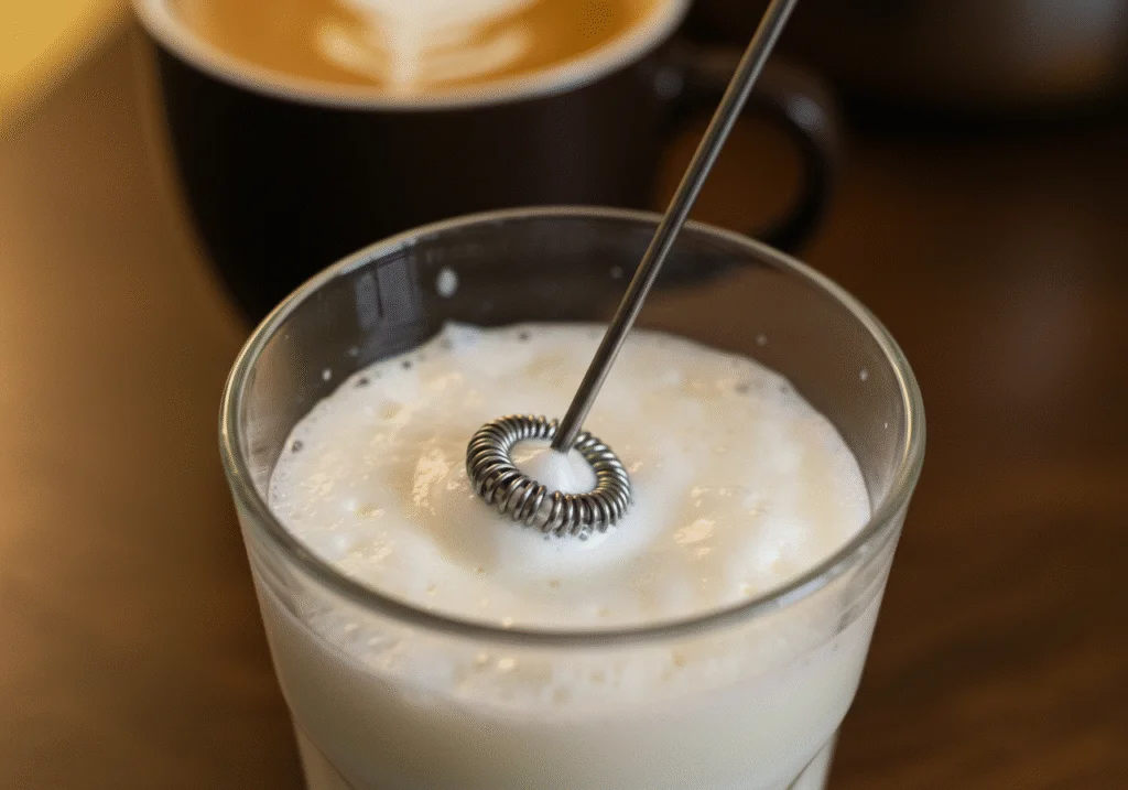 Frothing skim milk for Calorias Cafe con Leche Desnatado coffee mixture.