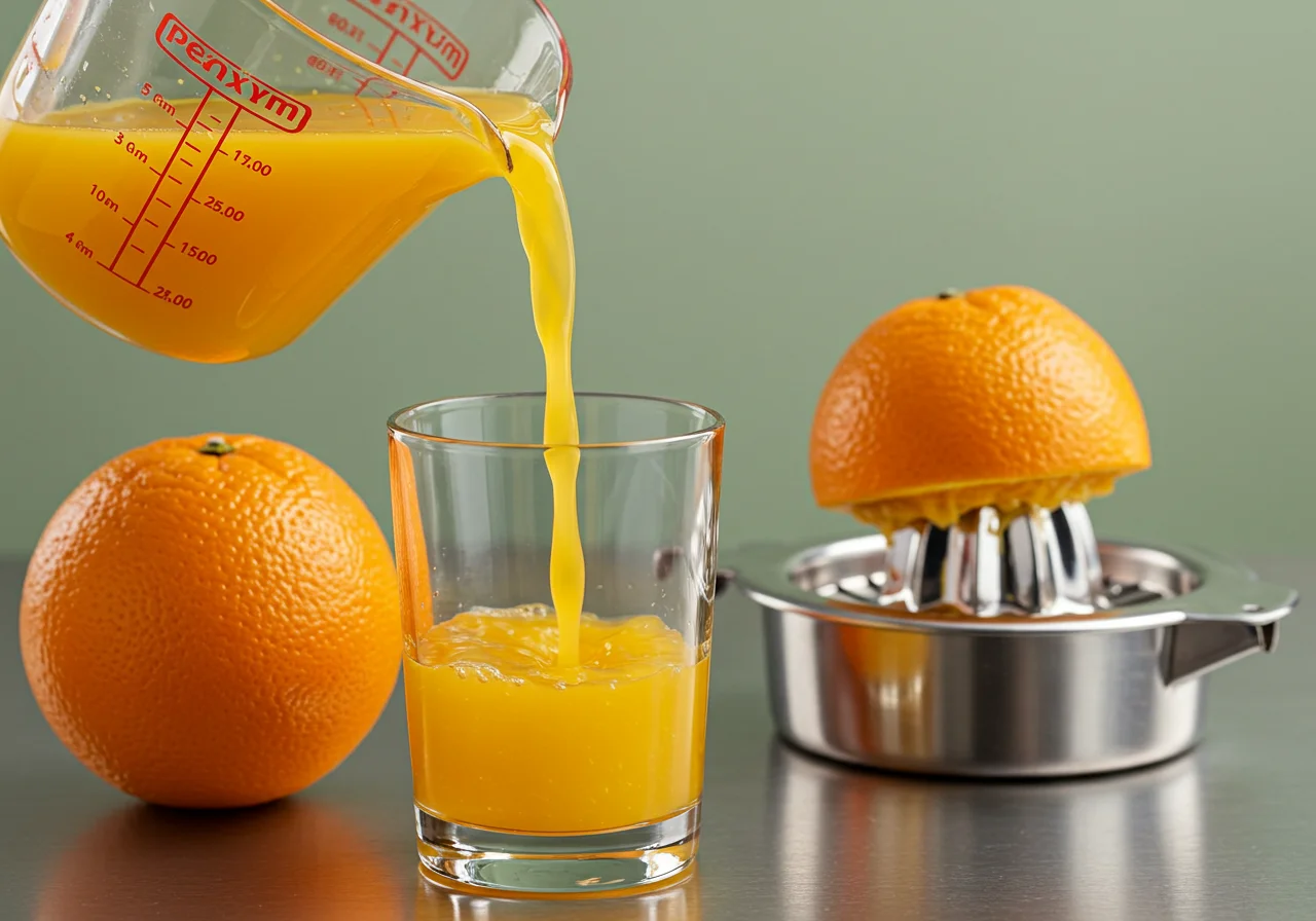 Jugo de naranja siendo vertido en un vaso, destacando las calorías en naranja fresca.