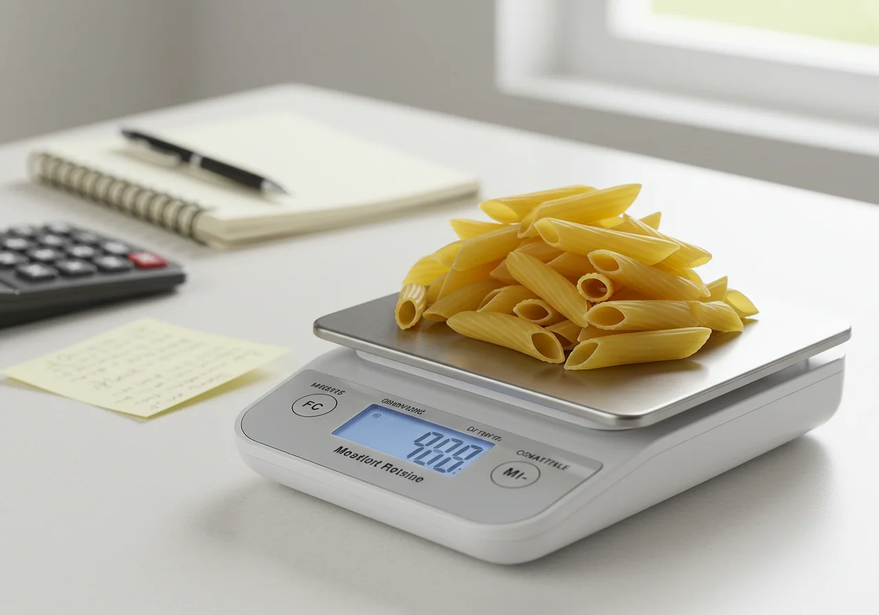 Ración de pasta por persona medida en una balanza en la cocina.