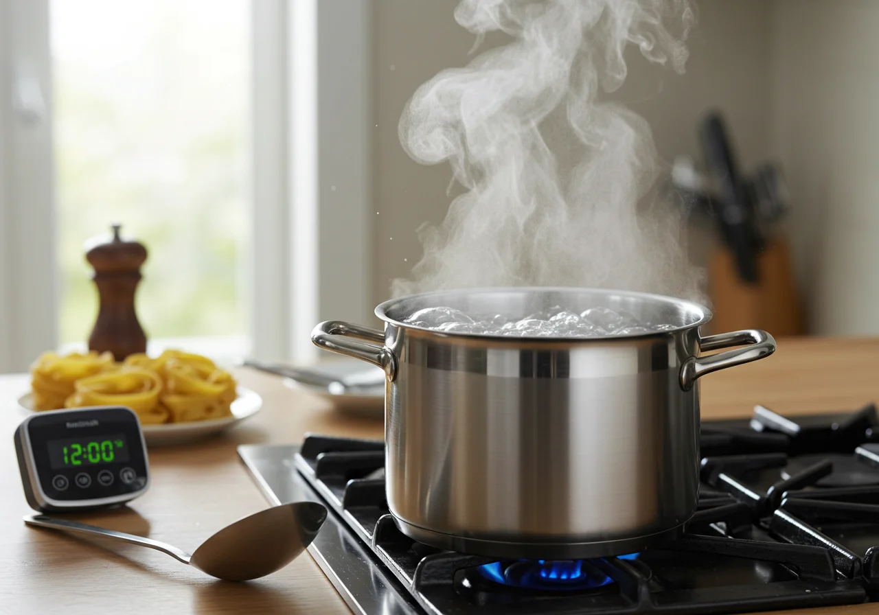 Pasta en agua hirviendo, lista para cocinar, siguiendo la cantidad de pasta por persona ideal.