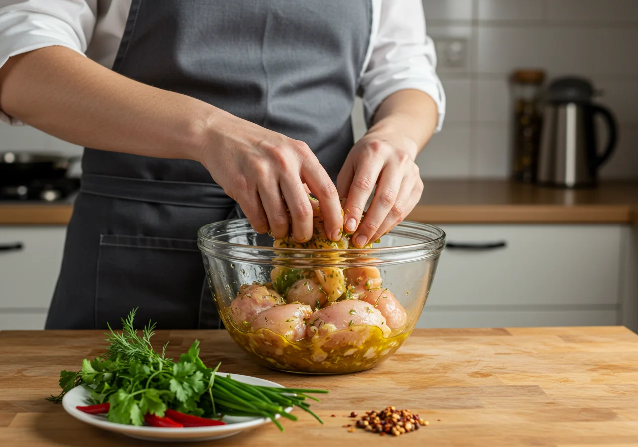 Marinando carne de pollo fresca con aceite de oliva y especias para potenciar su sabor.