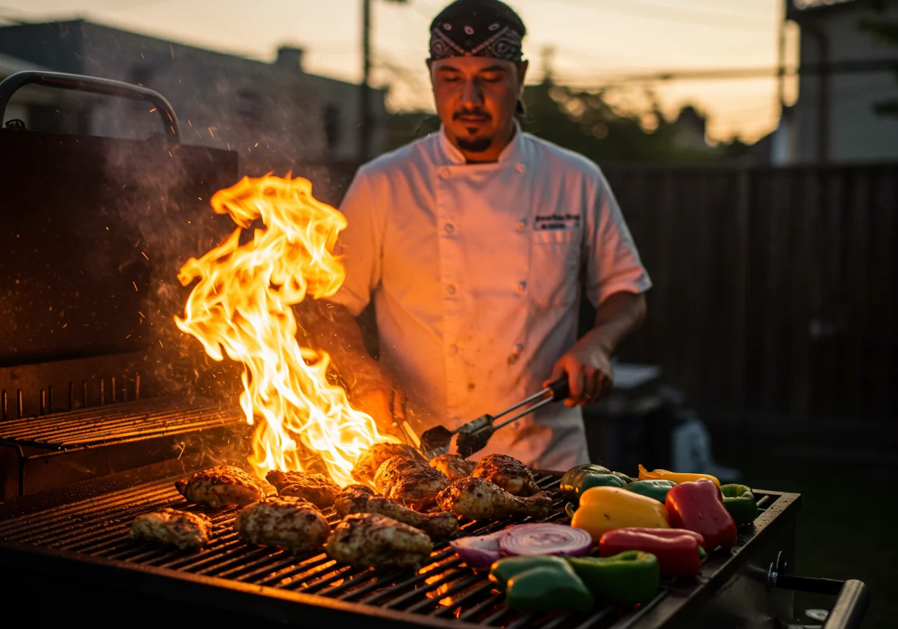 Carne de pollo fresca siendo asada a la parrilla con verduras coloridas para una comida deliciosa.