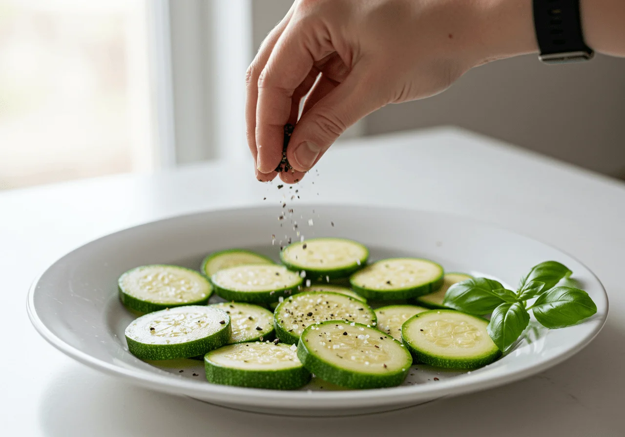Seasoning zucchini carpaccio with black pepper and sea salt for added flavor.