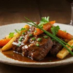 Plato de carrilleras de ternera estofadas, delicioso y perfecto para una cena especial.