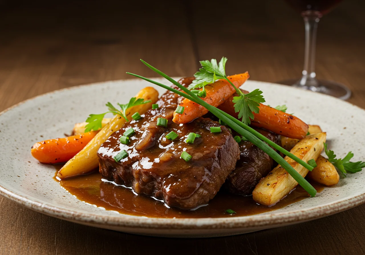 Plato de carrilleras de ternera estofadas, delicioso y perfecto para una cena especial.