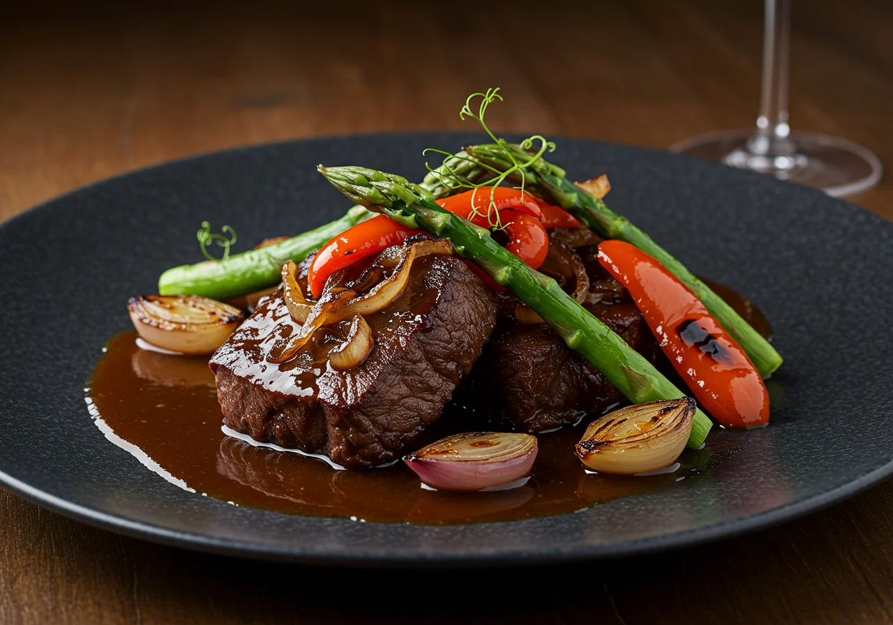 Plato de carrilleras de ternera estofadas, delicioso y perfecto para una cena especial.