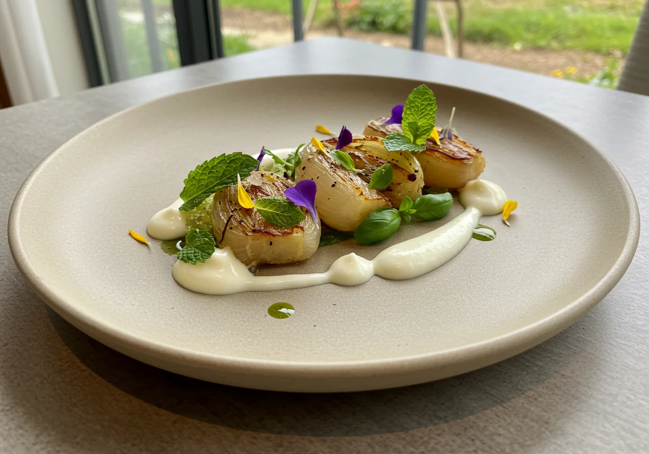 Finished dish featuring cebolla tierna, a refreshing touch adding flavor and elegance to the meal.