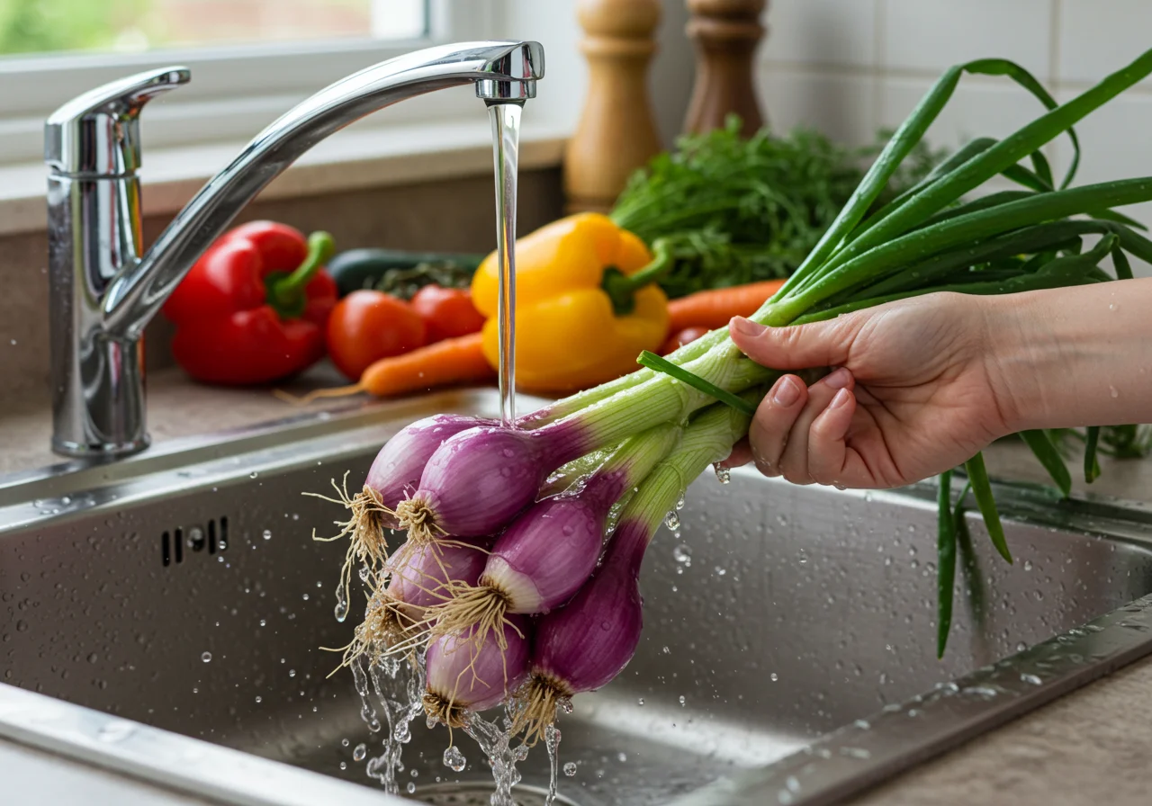 Cebolla tierna being washed in the kitchen, showcasing fresh ingredients for a healthy recipe.