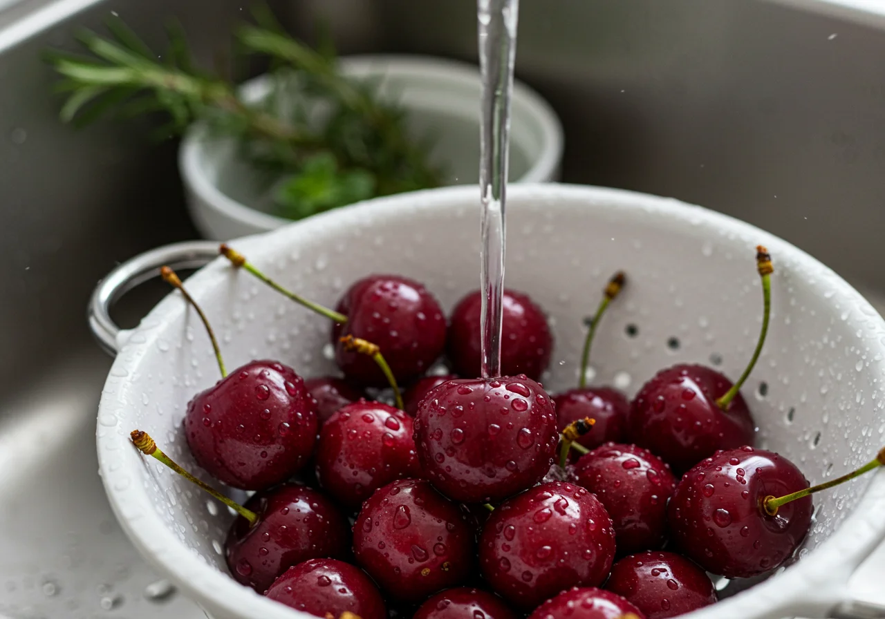 Cerezas frescas siendo enjuagadas para resaltar sus beneficios y frescura.