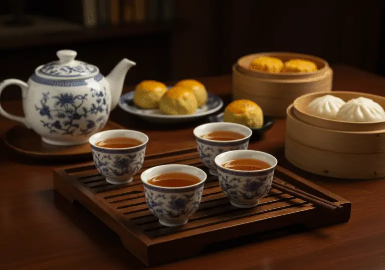 Servicio de té chino tradicional listo para disfrutar, con tazas delicadas y aperitivos.