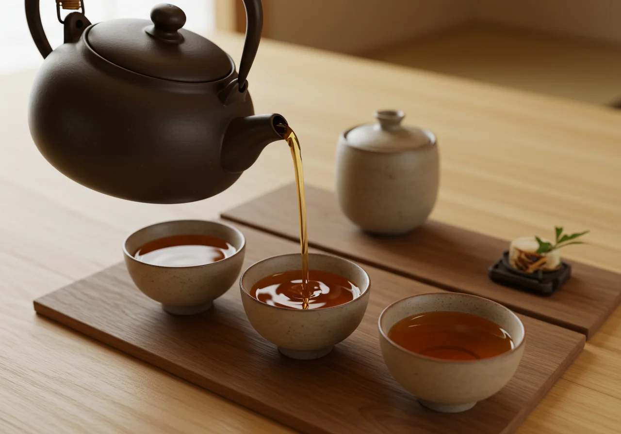 Ceremonia del té con té chino servido en tazas tradicionales.